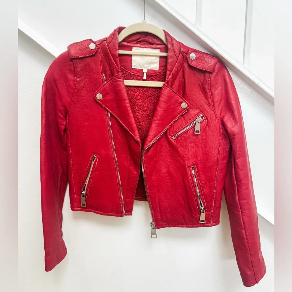 MAJE RED CROPPED LAMBSKIN LEATHER MOTO BIKER FLORAL LINED JACKET FR 36 S… - Picture 1 of 4